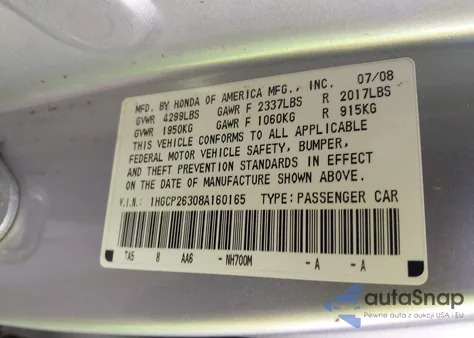 2008 Honda Accord 2.4 Lx из США, поврежденный, VIN 1HGCP26308A160165